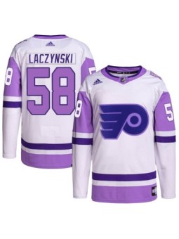 Authentic Adidas Men's Tanner Laczynski Philadelphia Flyers Hockey Fights Cancer Primegreen Jersey - White/Purple